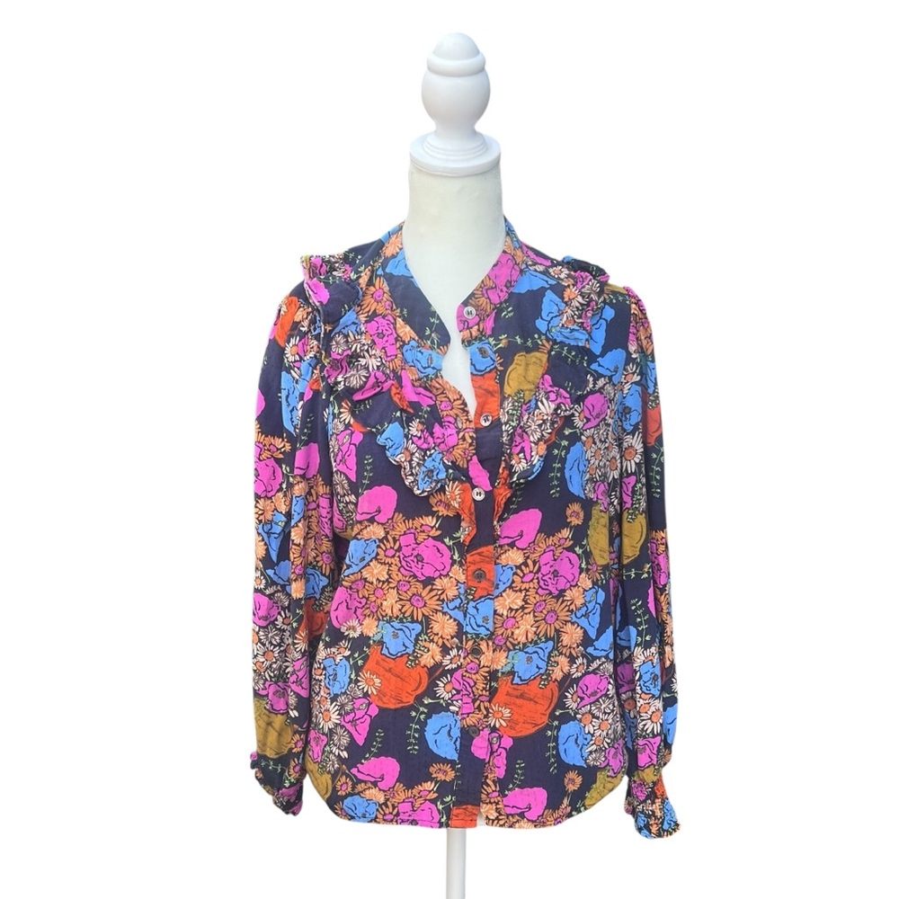 FRNCH‎ Colorful Floral Blouse Ruffles Boho Button Down Size Large